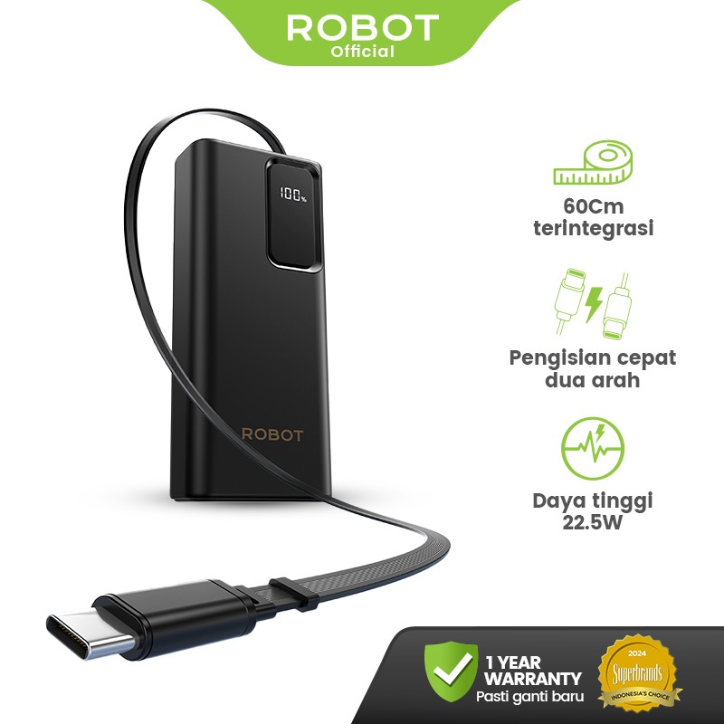 ROBOT Powerbank  Fast Charging 10000mAh 22.5W Built IN Type-C Cable 60cm Dual Input dan Dual Output 