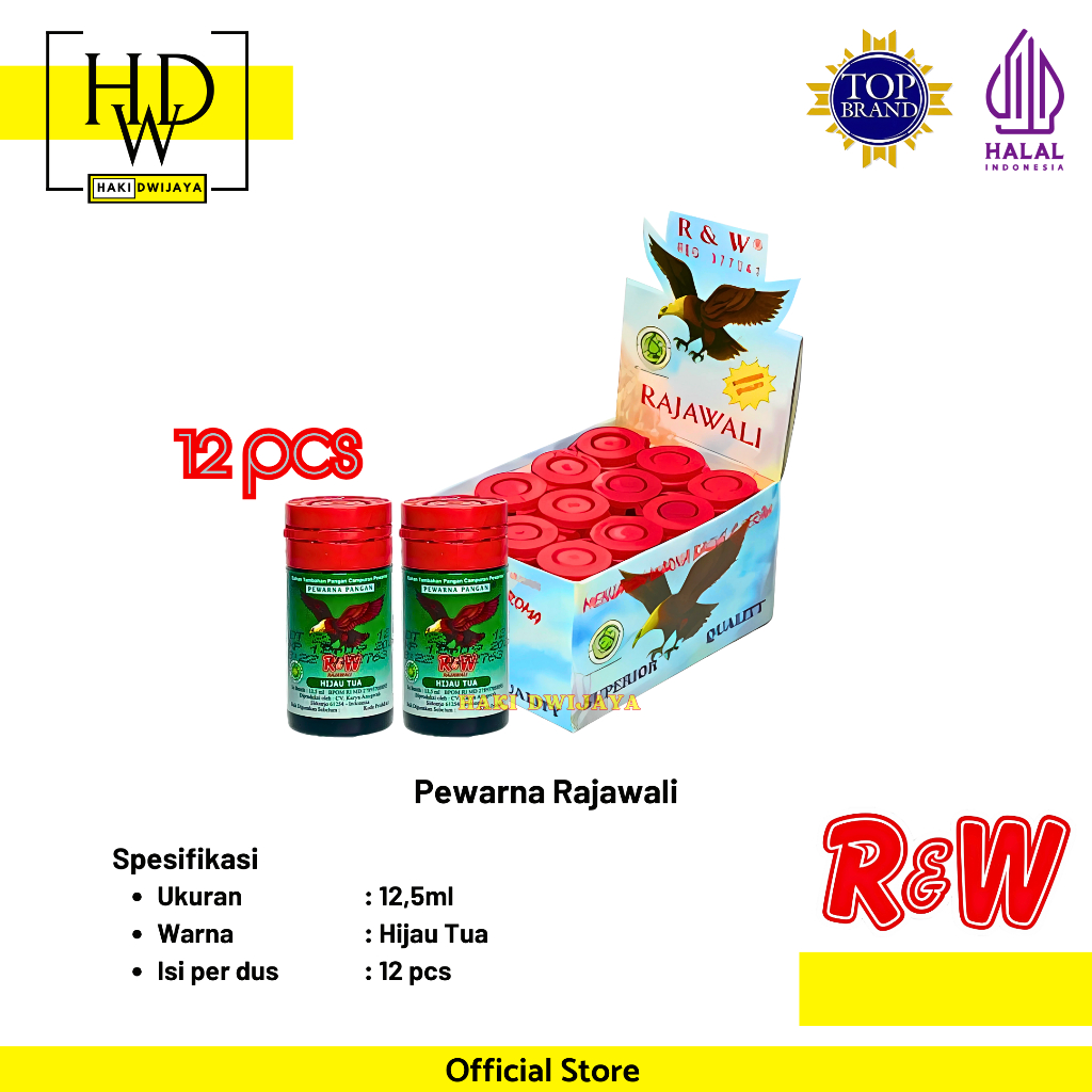 

Rajawali Pewarna Makanan Minuman Kue R&W Botol 12,5ml x 12pcs Warna Hijau Tua