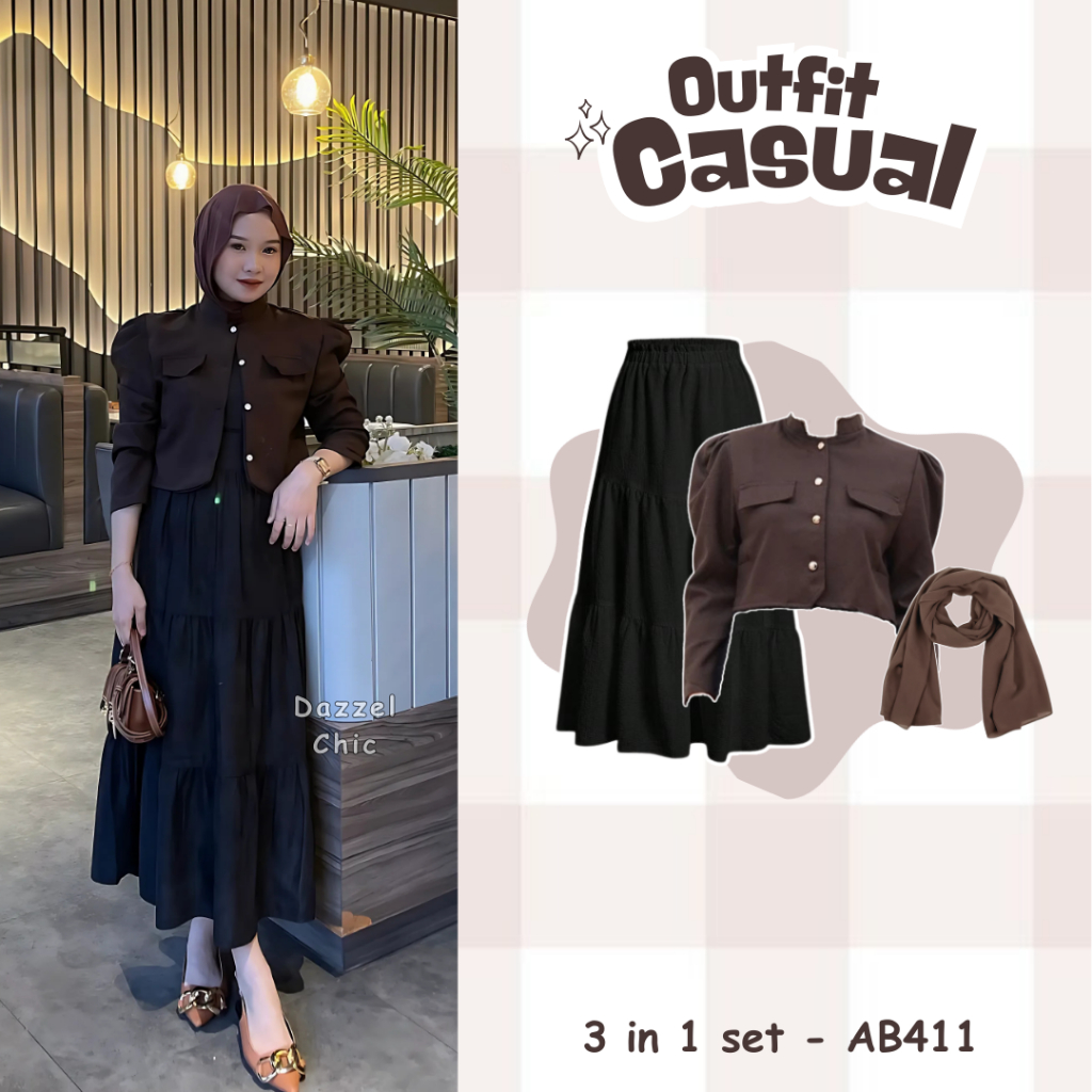 DazzelChic OOTD 3 in 1 Set AB411 - One Set Korean Style ( Pashmina+Blazer+Rok Ruffle ) Outfit Sonia 