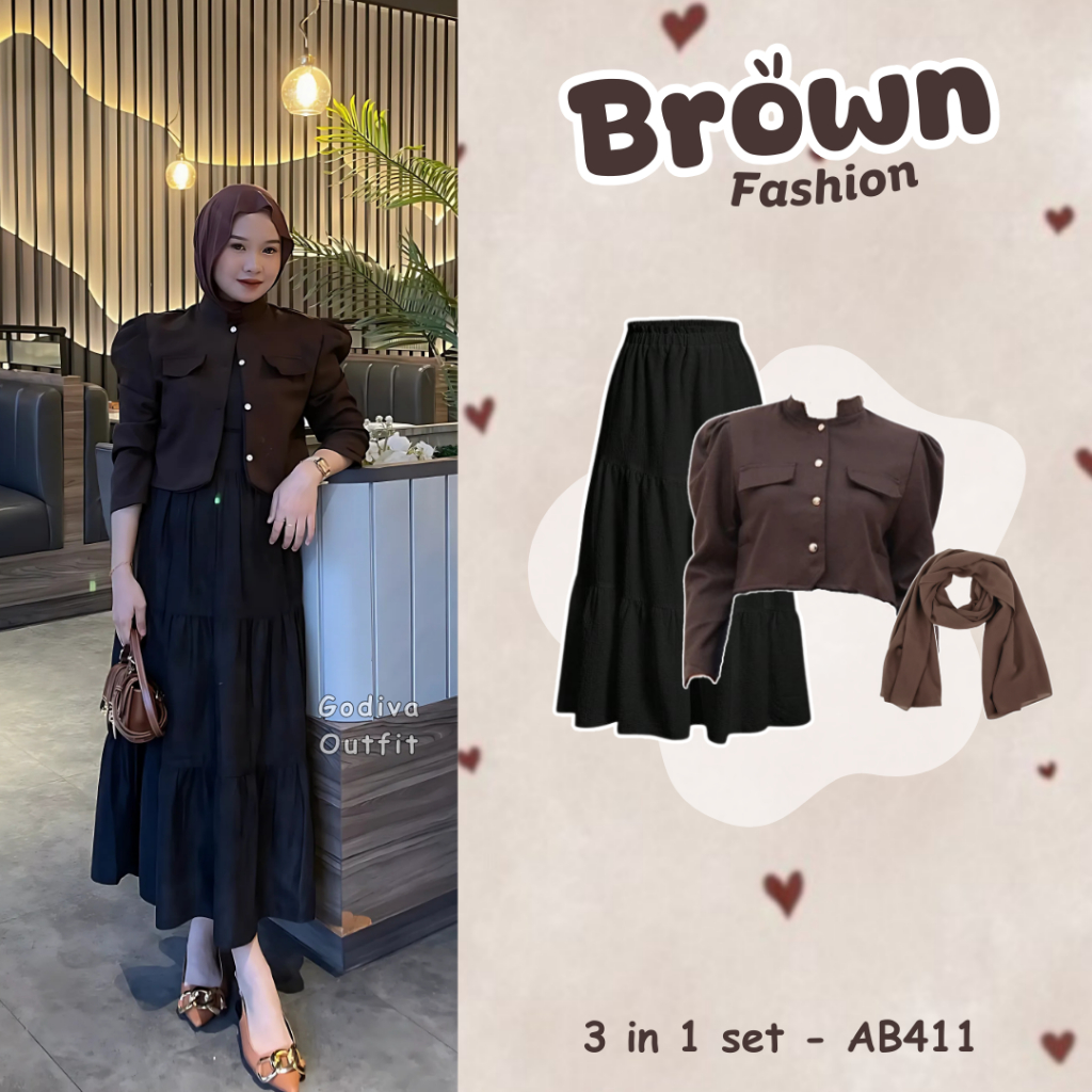 Godiva Outfit Blazer 3 in 1 Set AB411 - One Set Korean Style ( Pashmina+Blazer+Rok Ruffle ) Outfit R