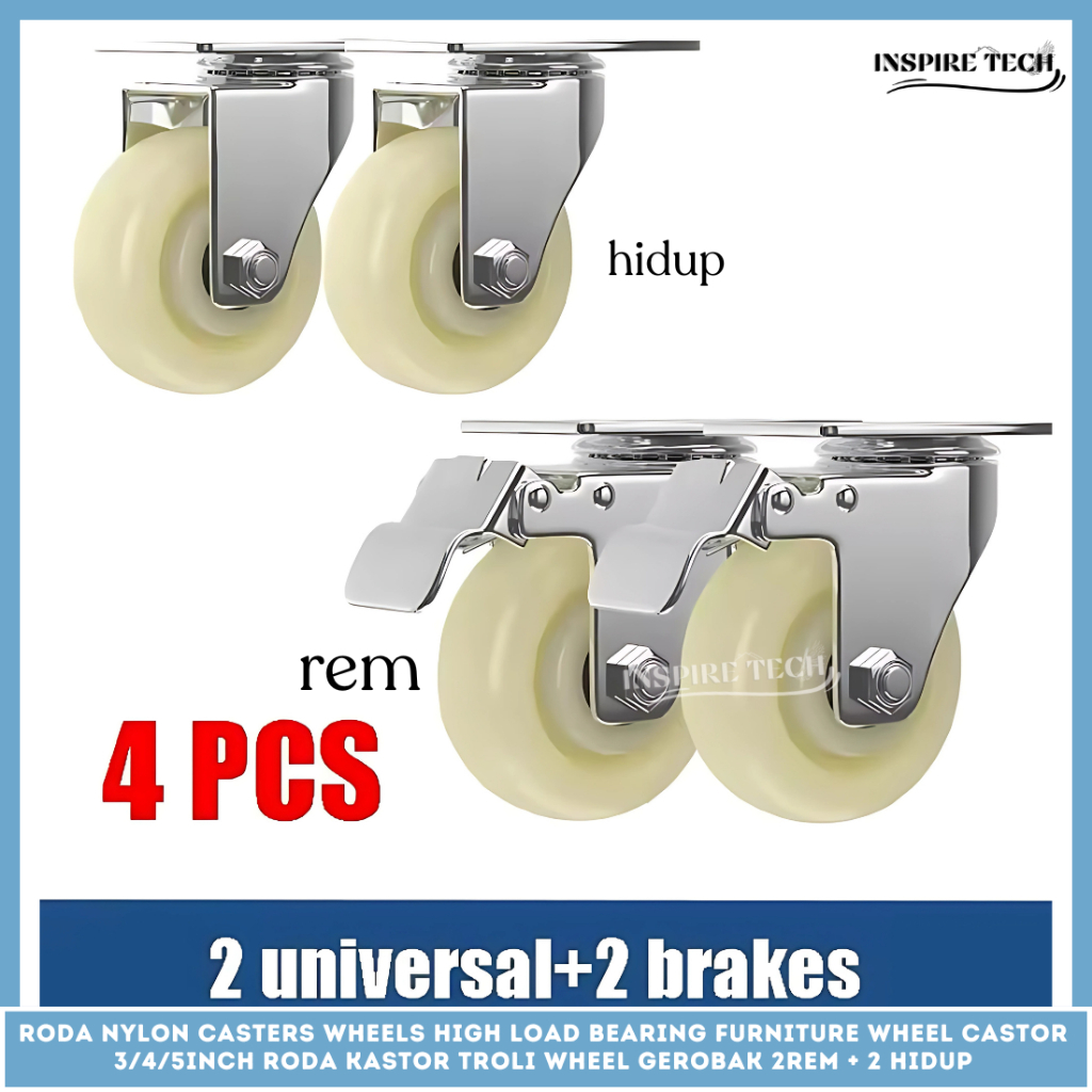 Roda NYLON Caster SET HIDUP - REM 4PCS Medium Duty +Bearing Roda Kastor Troli Wheel Gerobak Trolley 