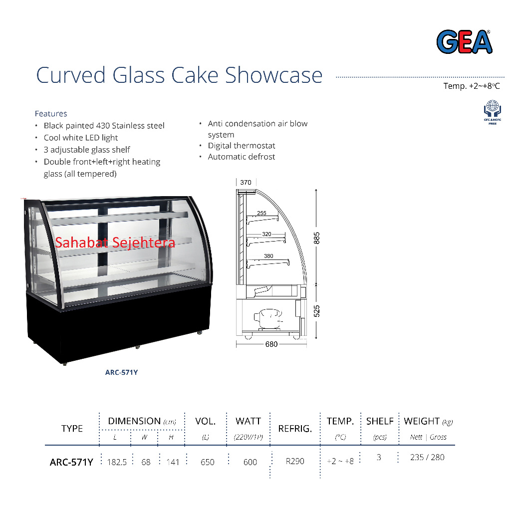 GEA Curved Glass Cake Showcase Pendingin ARC-571Y – Etalase Kue Kaca Melengkung LED