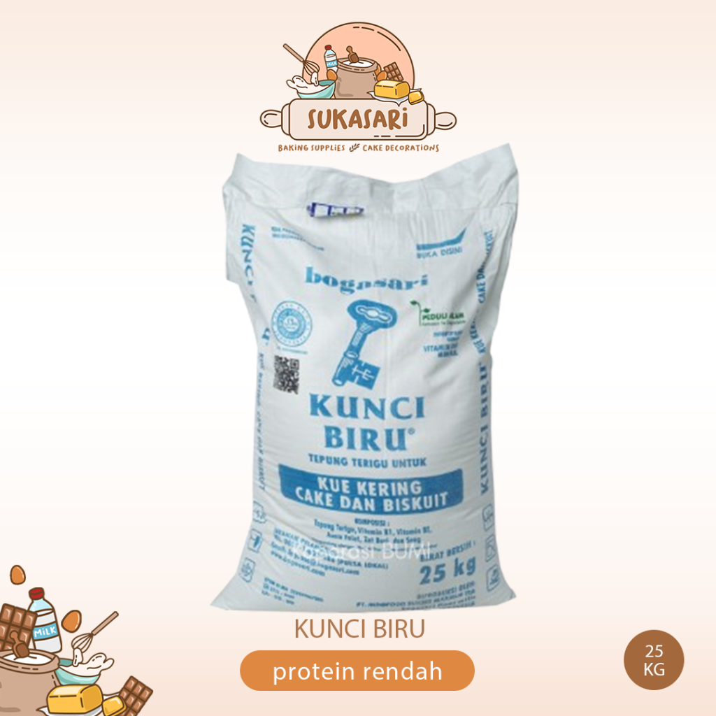 

Terigu Kunci biru 25 kg pack / Bogasari cake flour Low protein