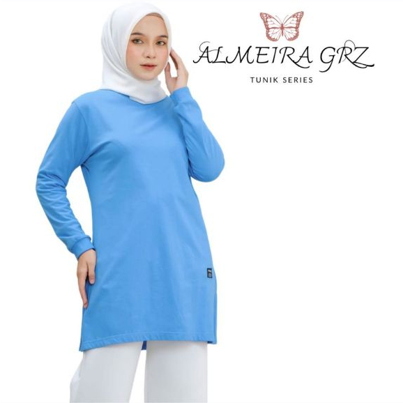Tunik Kaos Polos Lengan Panjang Warna Biru Langit Atasan Tunik Wanita Ready Size M Sampai 3XL