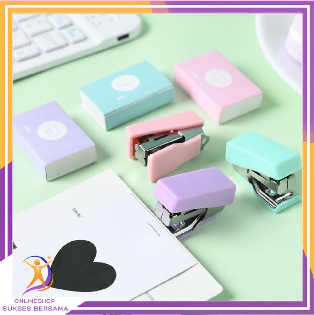 

OSB Mini Stapler Set Macaron Color Staples Mini Ukuran Kecil Unik Kemasan Box Lucu Free Isi Warna Pastel Perlengkapan Kantor