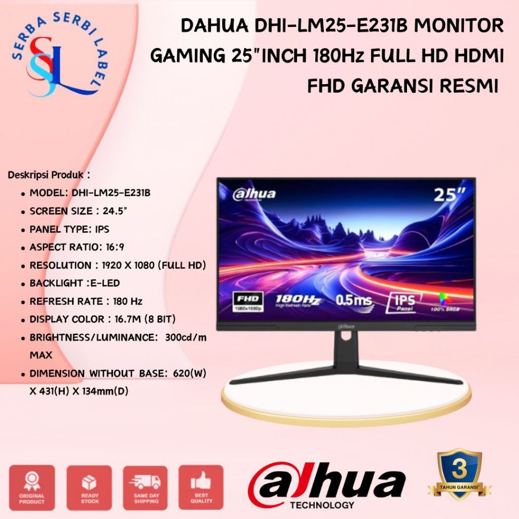 27’’ Inch Gaming Monitor LED DAHUA DHI-LM27-E231B | LM27E231B - IPS 1080P, 180Hz, 0.5ms, VGA, HDMI, 