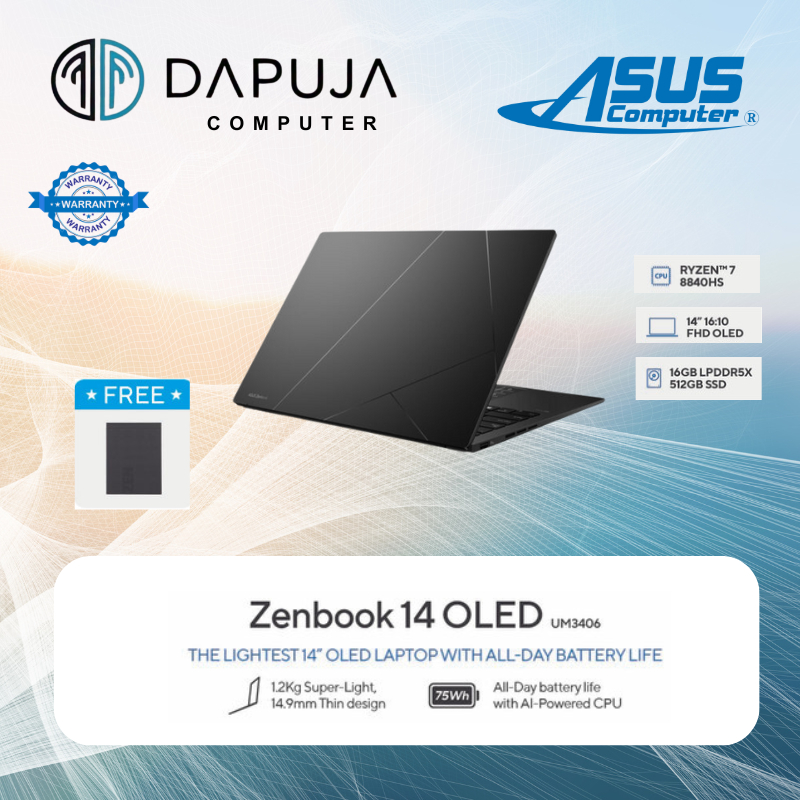 NB ASUS ZENBOOK 8840HS Memori 16GB HDD 512GB UM3406HA-OLED753 (JADE BLACK)