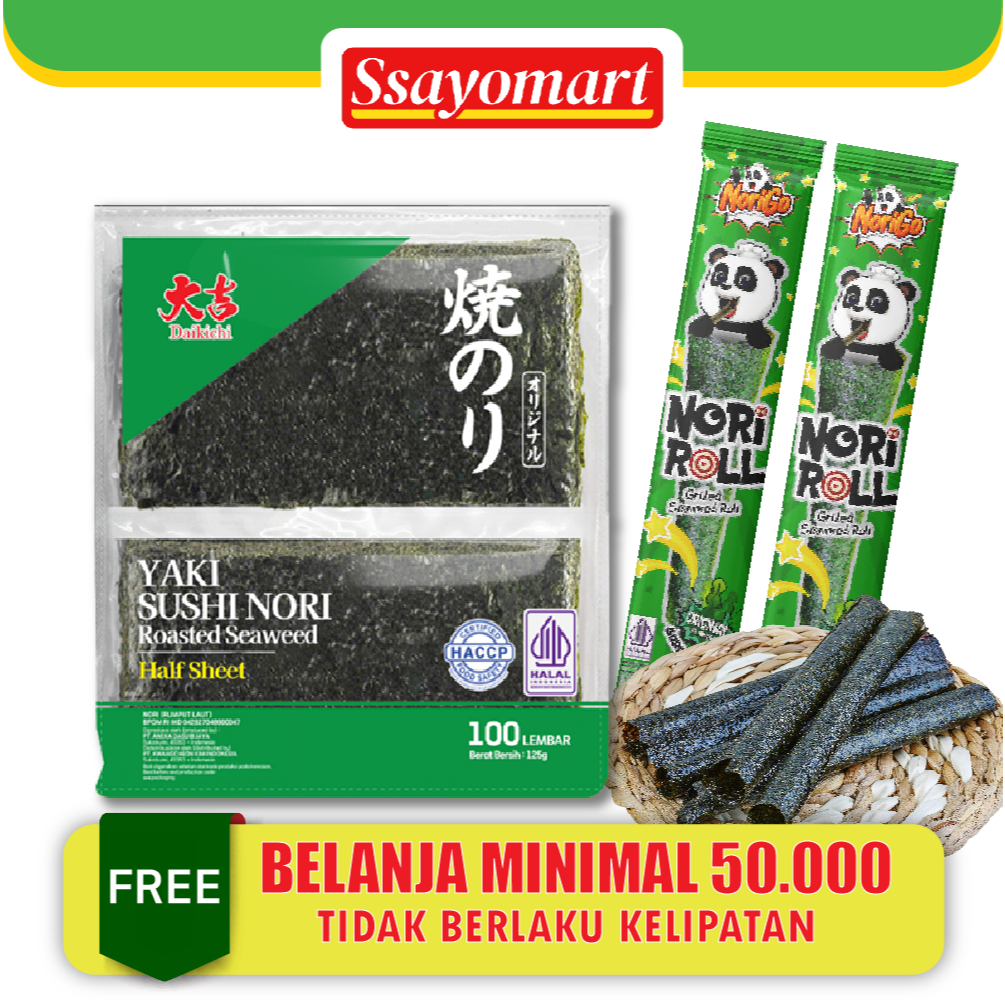 

(HALAL) DAIKICHI YAKI SUSHI NORI HALF SHEET ROASTED SEAWEED /RUMPUT LAUT PANGGANG (isi 50 & 100 lembar)