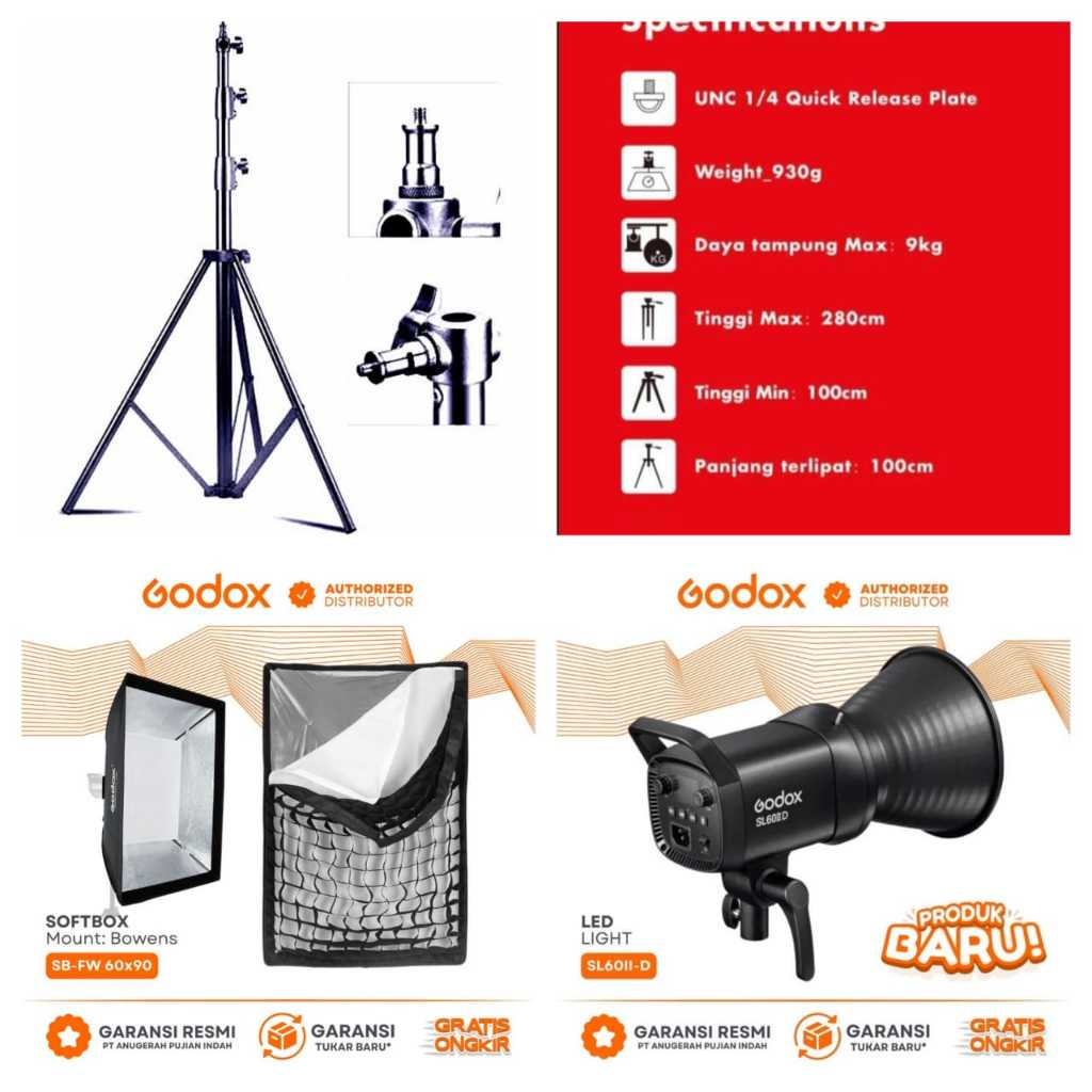 Paket 60D + FW60 + Stand Hitam - Godox Led SL-60ii Daylight Video + Softbox Grid SB-FW 60x90cm + Sta