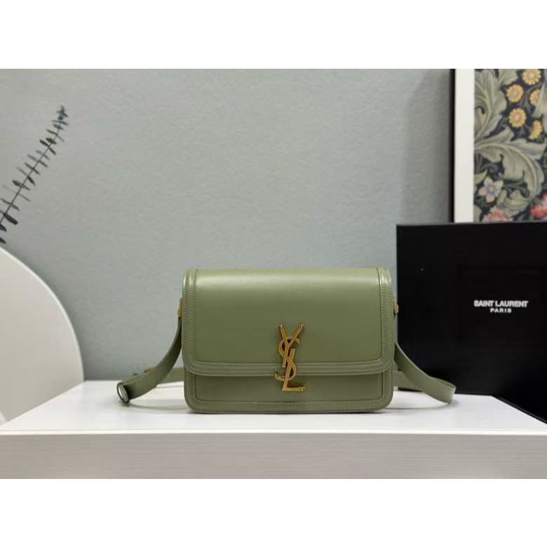 YSL Postman Shoulder Bag Women's Avocado Green Gold Buckle large size 634305
