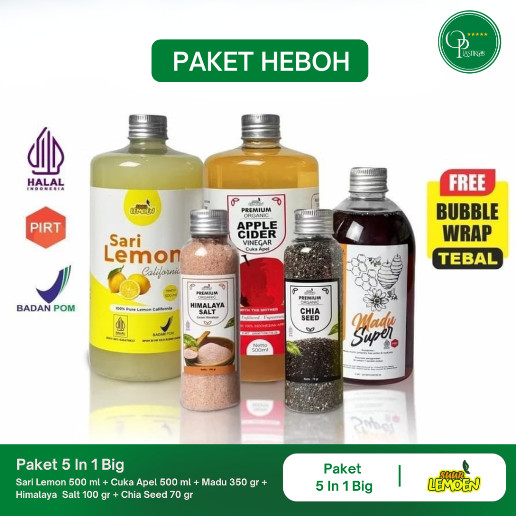 

Paket Diet Detox - Cuka Apel 500ml, Sari Lemon 500ml, Chia Seed 70gr, Madu Hutan 350gr, Garam Himalaya 100gr Suur Lemoen By ONANNA