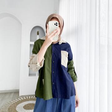 Lugina Shirt - Kemeja Wanita Two Tone Kekinian Atasan Wanita Oversize