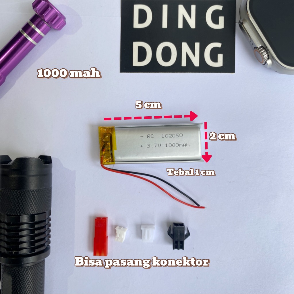BATERAI LITHIUM POLYMER LIPO 1000 MAH 102050 3.7v 2cm x 5cm TEBAL 1cm 2 x 5 cm BATRE RC DRONE SPEAKE