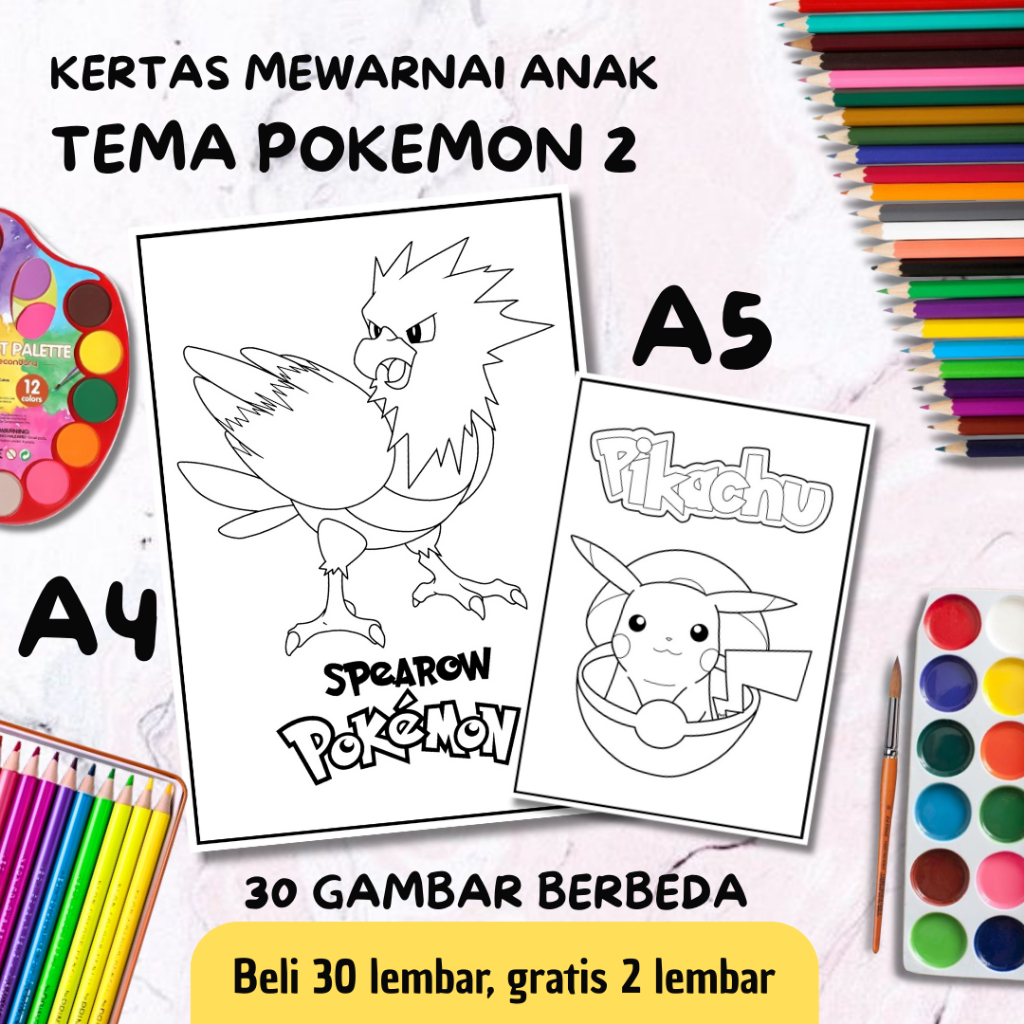 

30 Lembar Kertas Mewarnai Anak / Coloring / Sketsa A5 & A4 Tema Pokemon 2