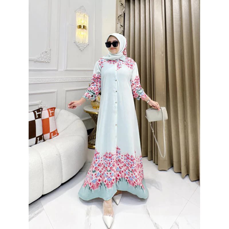 gamis set hijab bahan crinkle motif bunga