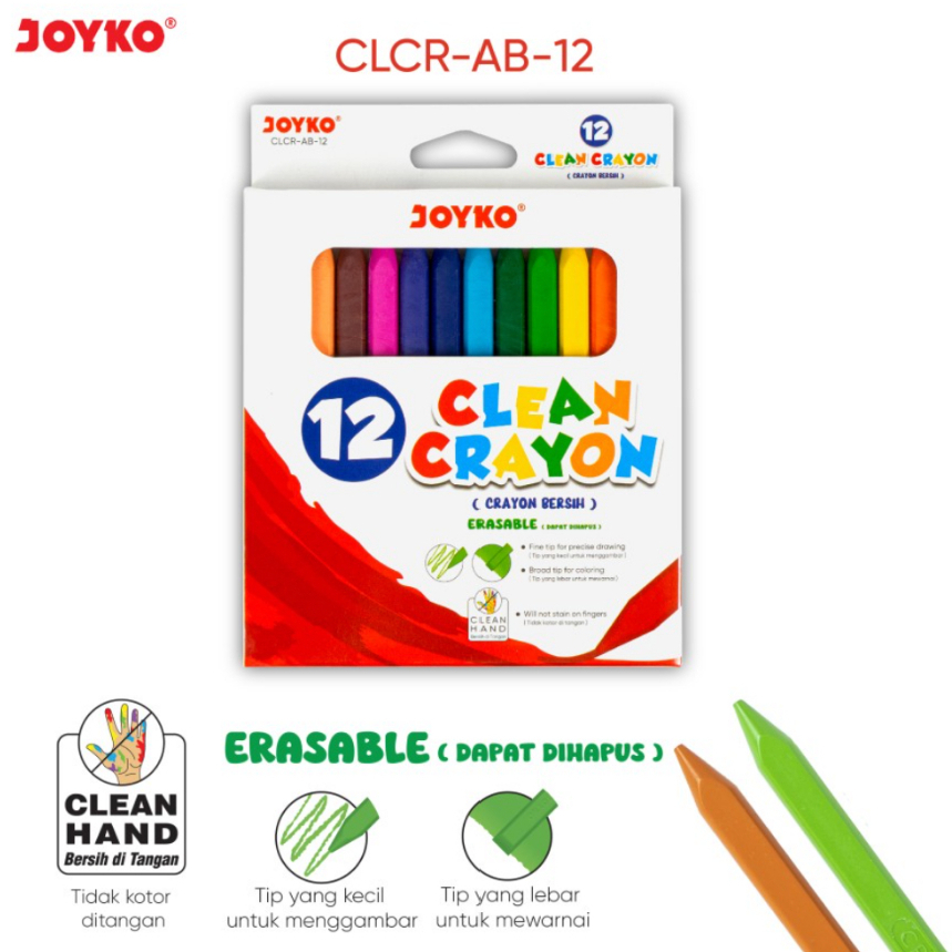 

Clean Crayon Joyko 12 Warna CLCR-AB-12 Krayon Bersih Include Rautan