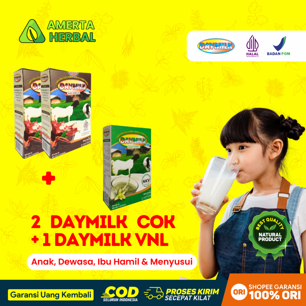 

[PAKET 3 BOX] Susu Daymilk - 2 Cokelat + 1 Vanila - Kambing Etawa Premium 200g Halal BPOM