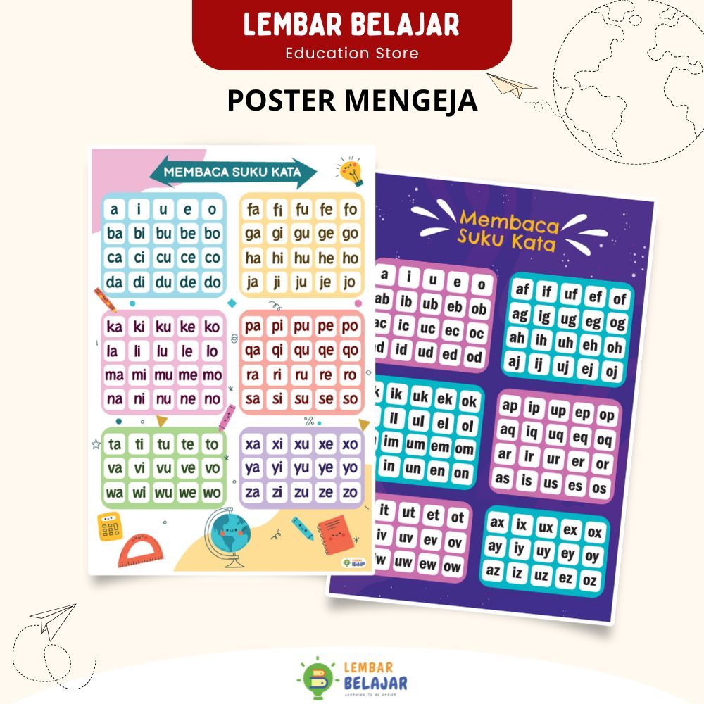 LEMBAR BELAJAR Poster Edukasi Mengeja Suku Kata Untuk Anak Balita, PAUD, TK, SD Ukuran A3+