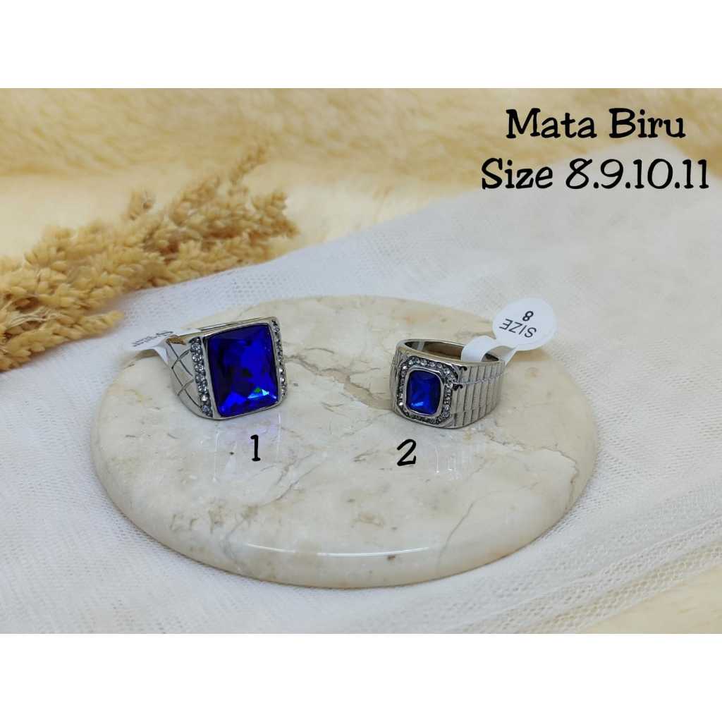 Cincin Titanium Batu Blue Onyx Biru Pria Cowok Silver Anti-Karat Super Keren Stainless Steel Casual 