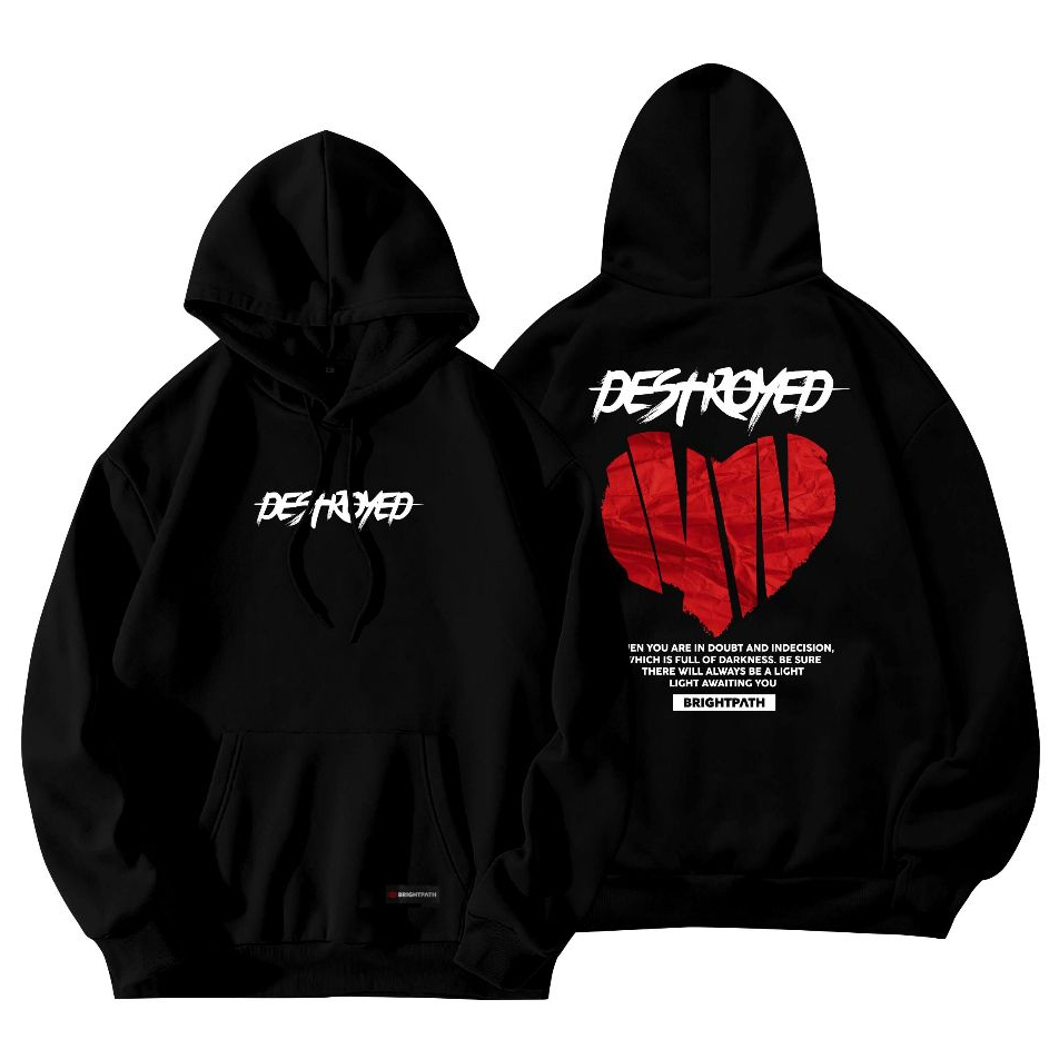 BRIGHTPATH - Hoodie Pria Hitam Destroyed Pullover Matt Fleece Gsm 280 Soft