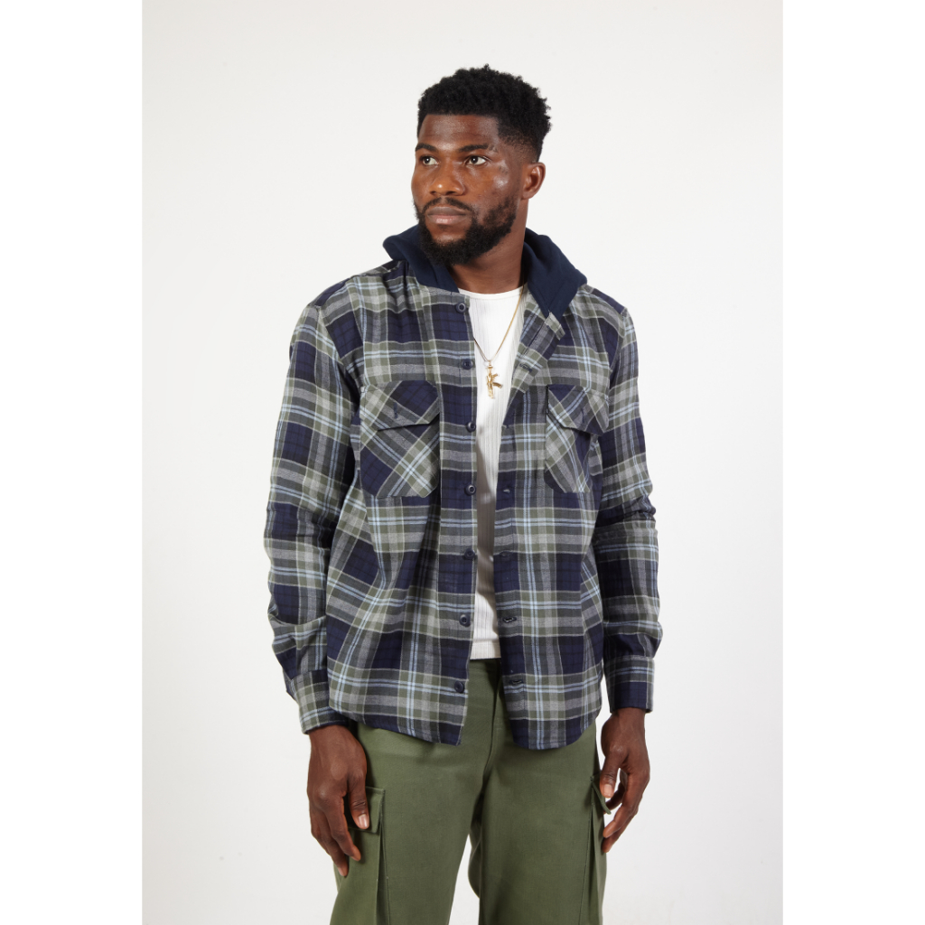 OCWA JEREMY OVERSIZED FLANNEL PLAID BLUE ARMY GREY SHIRT HOODIE