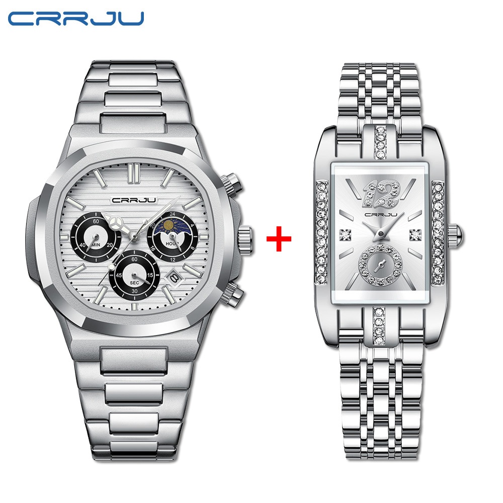 CRRJU Jam Tangan Couple Pasangan Anti Air Original Keren Elegan Terbaru Hitam Rantai Stainless Watch