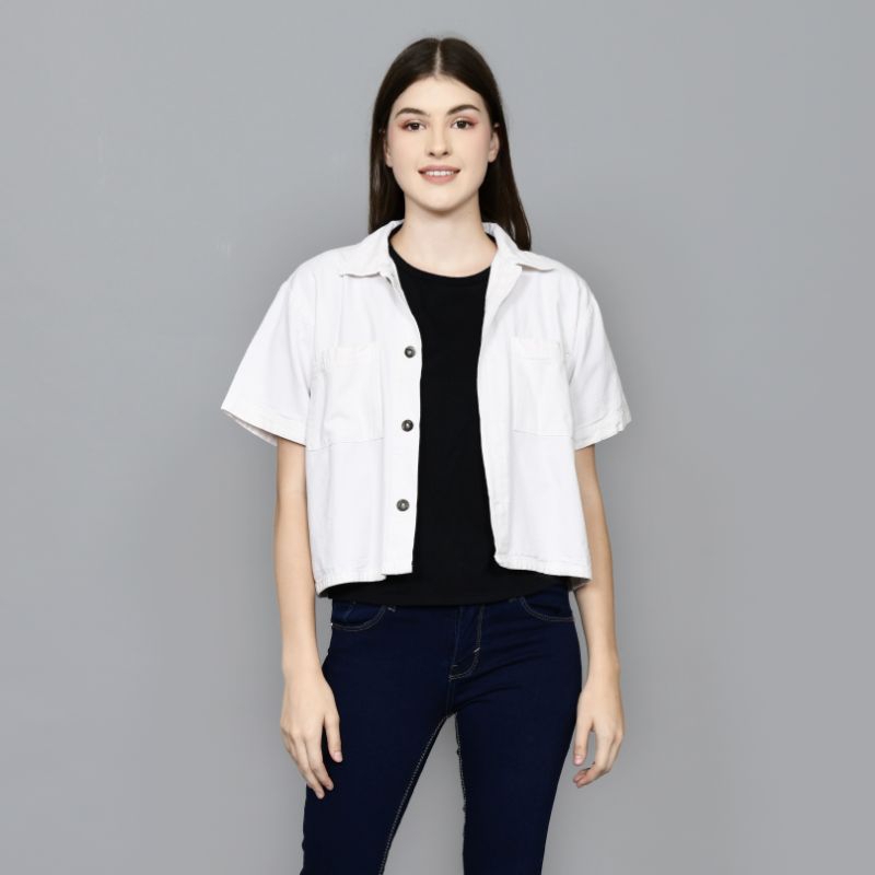 Kemeja Jeans Crop Wanita Lengan Pendek