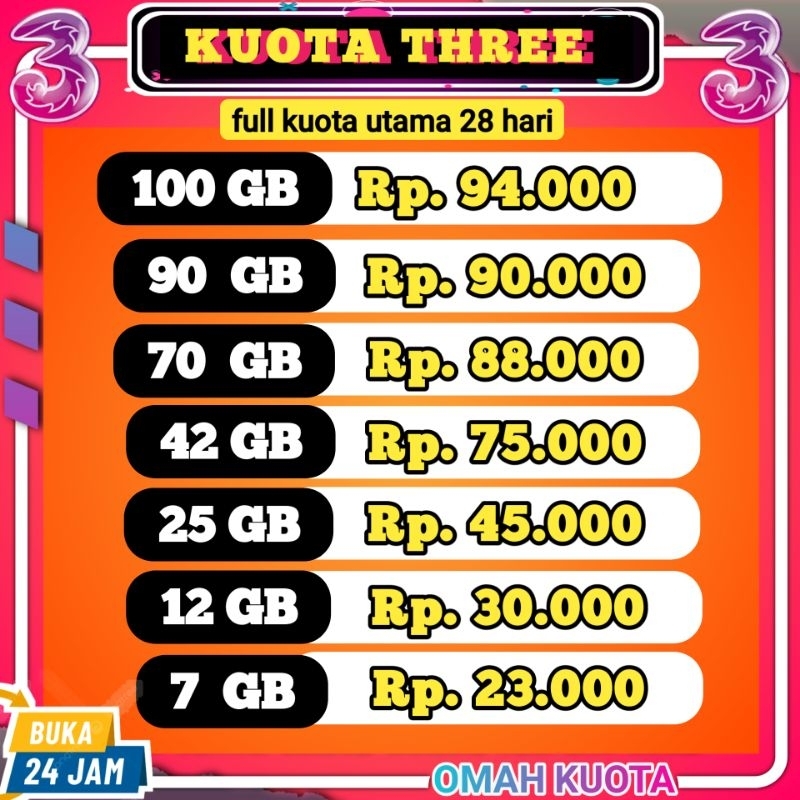HOTPROMO - PAKET DATA TRI HAPPY FULL TANPA PEMBAGIAN 1GB 3GB 7GB 25GB 42GB 100GB KUOTA TERMURAH