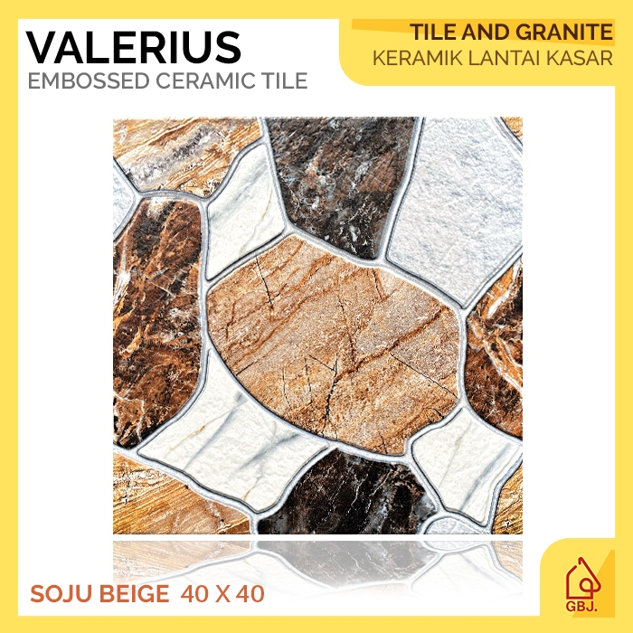 KERAMIK VALERIUS 40 X 40 SOJU BEIGE / KERAMIK LANTAI BATU ALAM KASAR TIMBUL