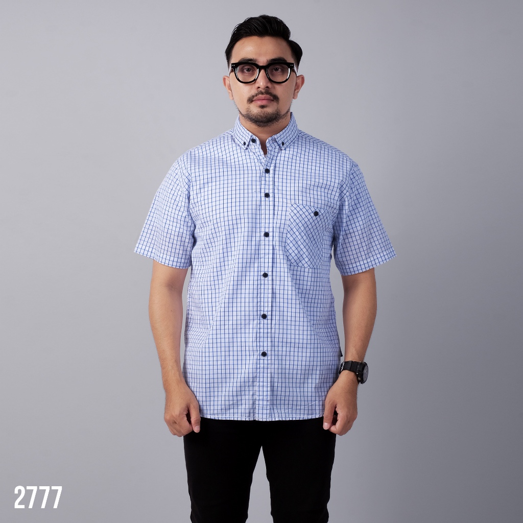 PAKAJI Kemeja Pria Lengan Pendek Kotak-Kotak Yarndyed Biru Kemeja Yarndyed 2777