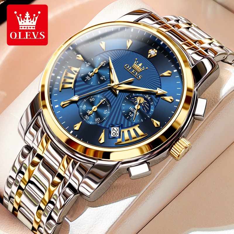 OLEVS Jam Tangan Pria Original 100% Automatic - Anti Air Mewah, Stainless Steel Hitam Luxury (COD)