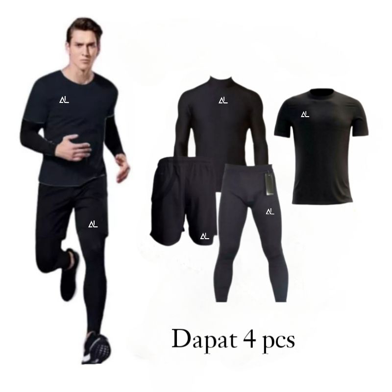 4 IN 1 Stelan Olahraga Pria Baju Jersey Celana Pendek Legging Sport Futsal Lari
