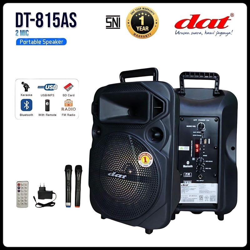Speaker dat DT-815AS Free 2mic Wireless Speaker Bluetooth 8inch Speaker portable Power full bass