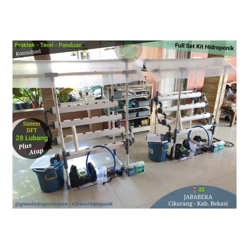 Paket Instalasi Rangka Full Set Kit Hidroponik 28 Lubang Tanam Model Tangga Plus Atap Rangka Pipa PV