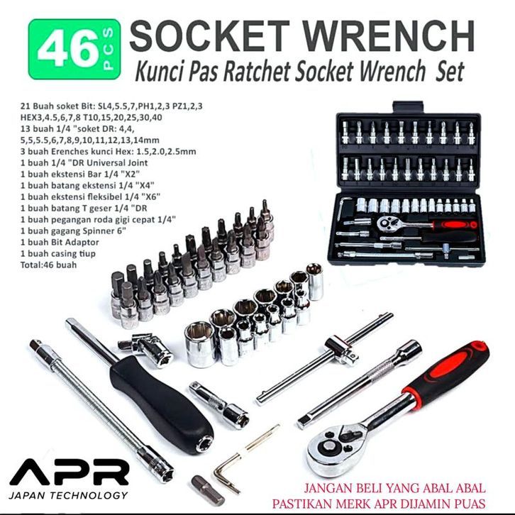 Tekiro Kunci 1Set Lengkap 46 Pcs Kunci Shock Set 1/4 Kunci Sok Socket Wrench Pas Socket Set Mobil
