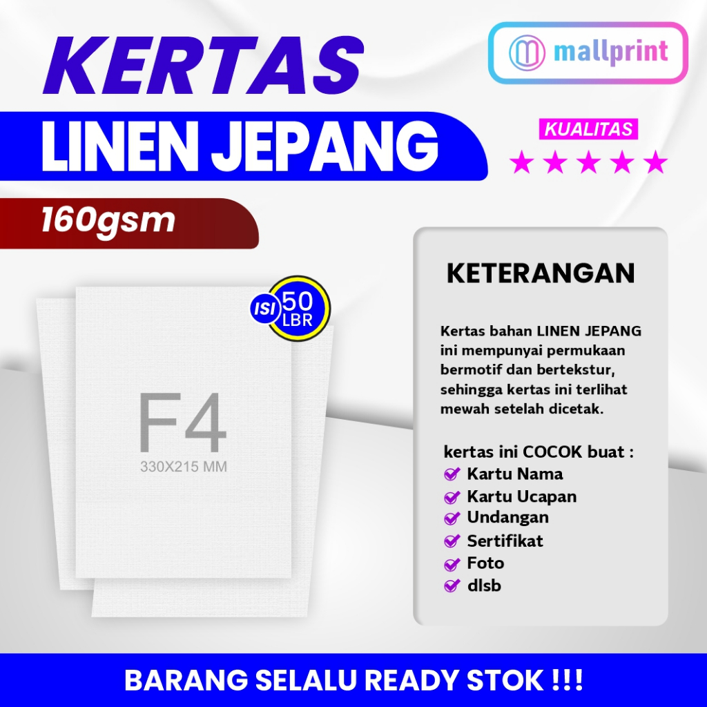 

Kertas Linen Jepang 160gsm uk. F4 (Folio) cocok unt. Sertifikat Piagam dll (isi 50 lembar)