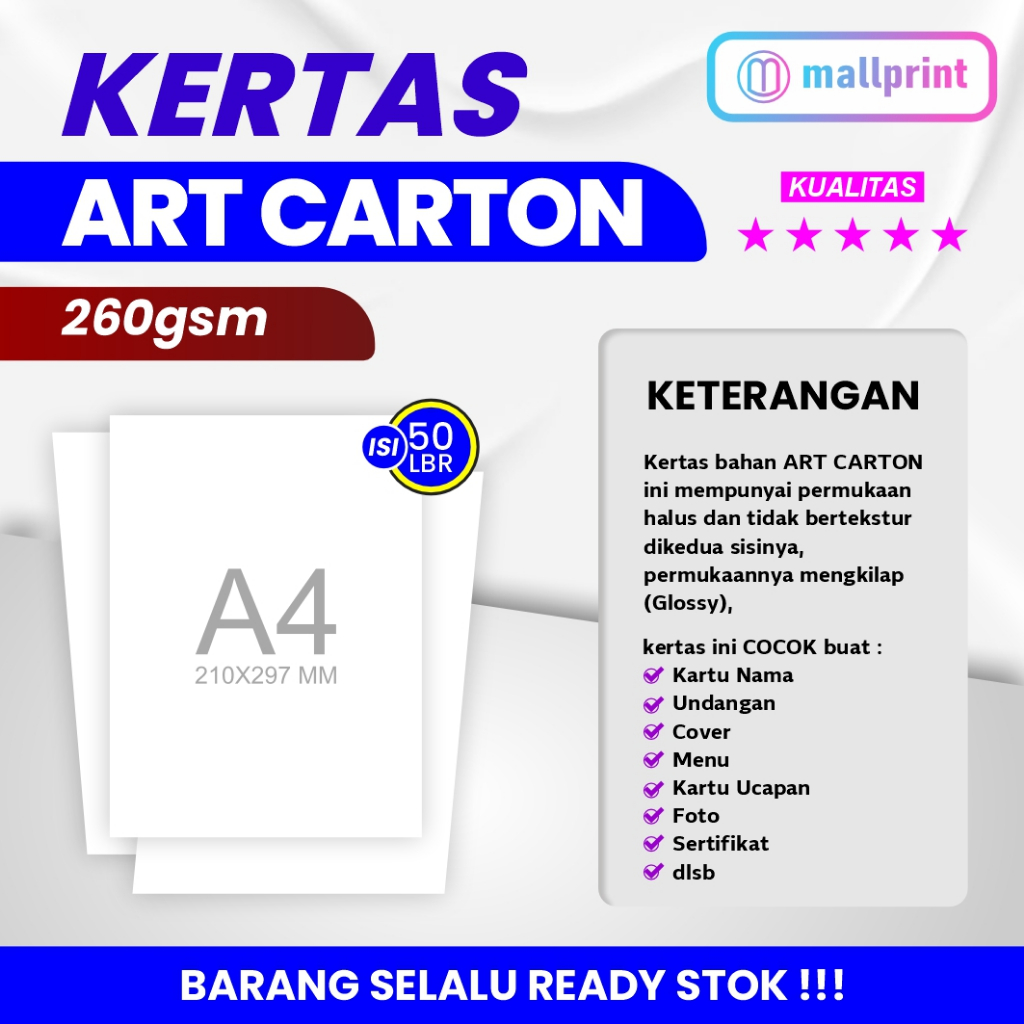 

Kertas Art Carton 260 gsm uk. A4 cocok unt. Menu Kartu Nama dll (1 pak isi 50 lbr)