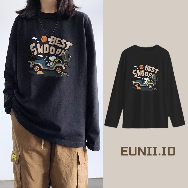 EUNII Kaos longgar lengan panjang wanita Korea bermotif huruf/baju longgar lengan panjang wanita ter