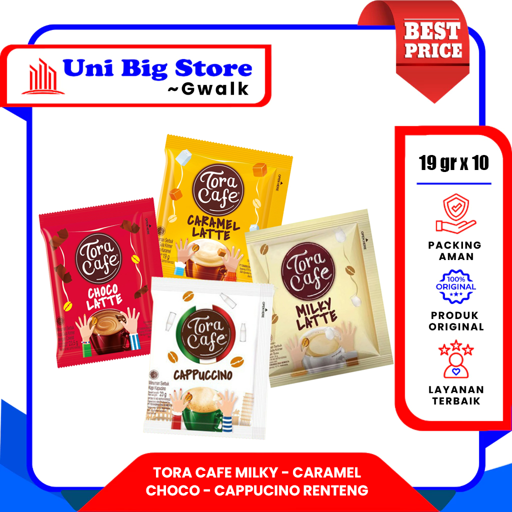 

TORA CAFE TORACAFE CAPPUCINO - CARAMEL LATTE - MILKY LATTE - CHOCO LATTE RENTENG - (19 gr x 10 sachets)