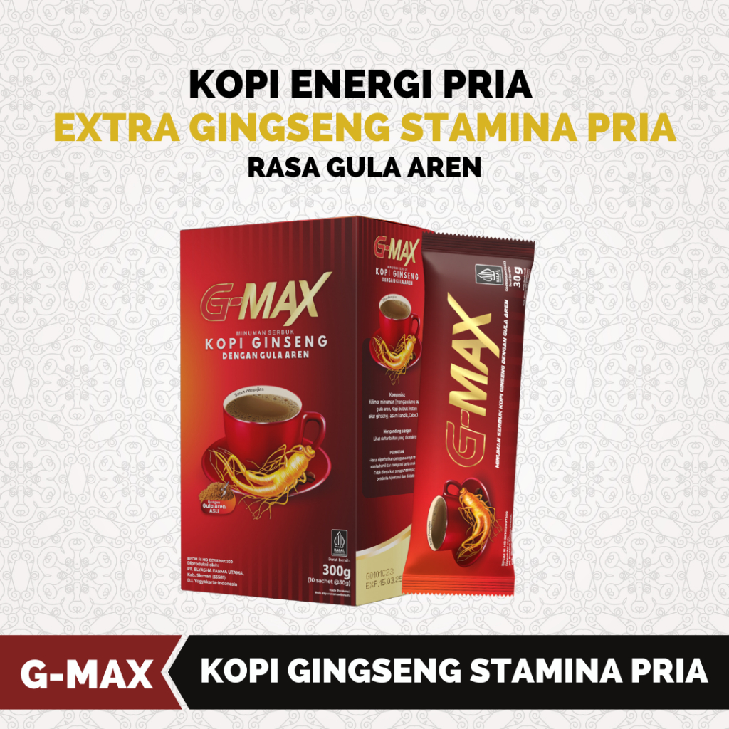 

G-MAX Kopi STAMINA Pria KUAT TAHAN LAMA bikin tegak 2 jam EXTRA GINGSENG RASA GULA AREN 1 Box Isi 10 Sachet