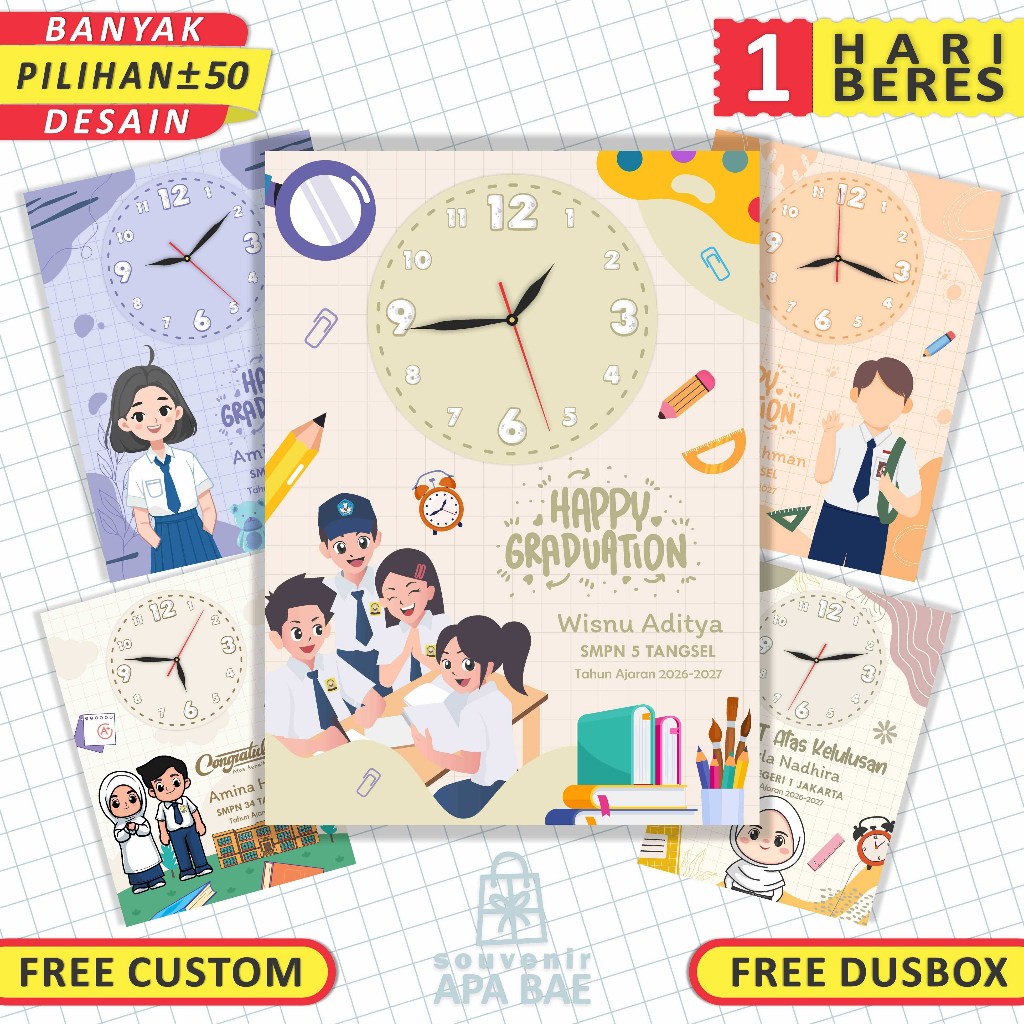 Jam Custom Tulisan Ukuran 15CM X 10CM Souvenir Kenangan Wisuda SMP ( Kado Hadiah Lomba Kartun )