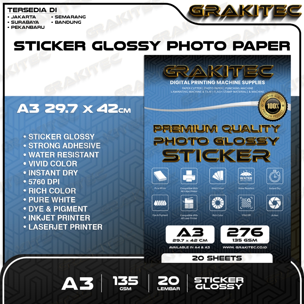 

Kertas Sticker A3 - Glossy Photo Sticker 135 Gsm Foto Glossy Sticker ( Support Printer Epson Canon HP Brother Tinta Ori Dye )