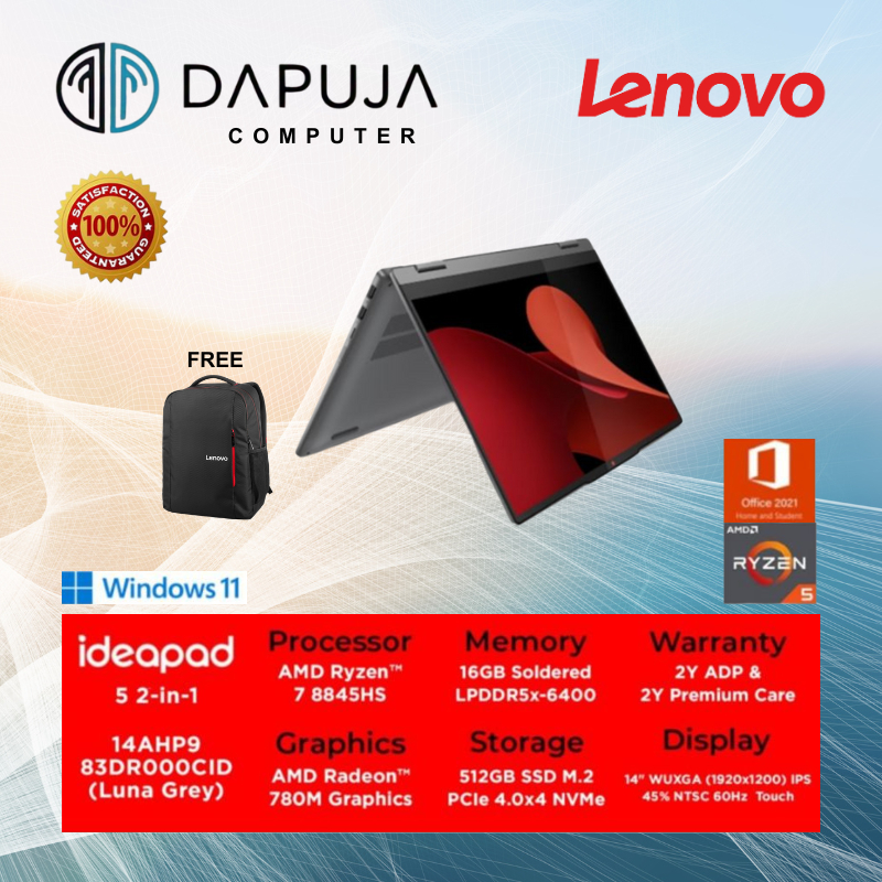 NB LENOVO 8845HS Memori 16GB HDD 512GB IP 5 2-in-1 14IRU9 AMD Ryzen 7 8845HS Touch Luna Grey 83DR000