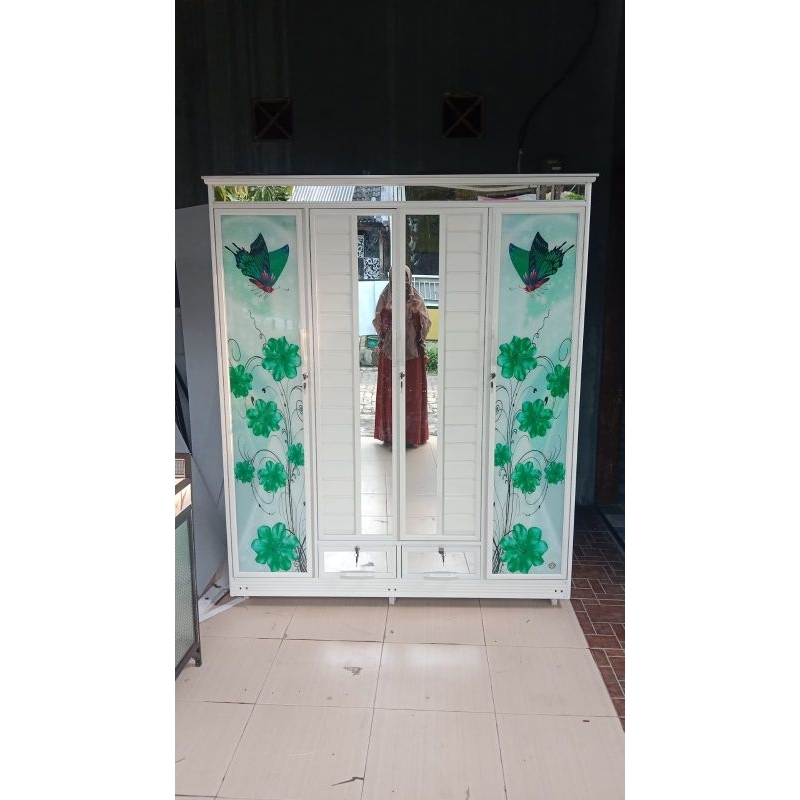 lemari baju 4 pintu buka tutup kombinasi lis plang+laci