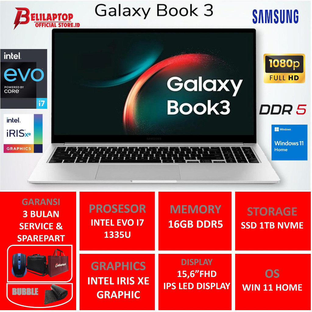 Best Seller  Laptop Baru Samsung Galaxy Book 3 15 INTEL CORE I7 1335U RAM 16GB DDR5 SSD 1TB 15.6 FHD