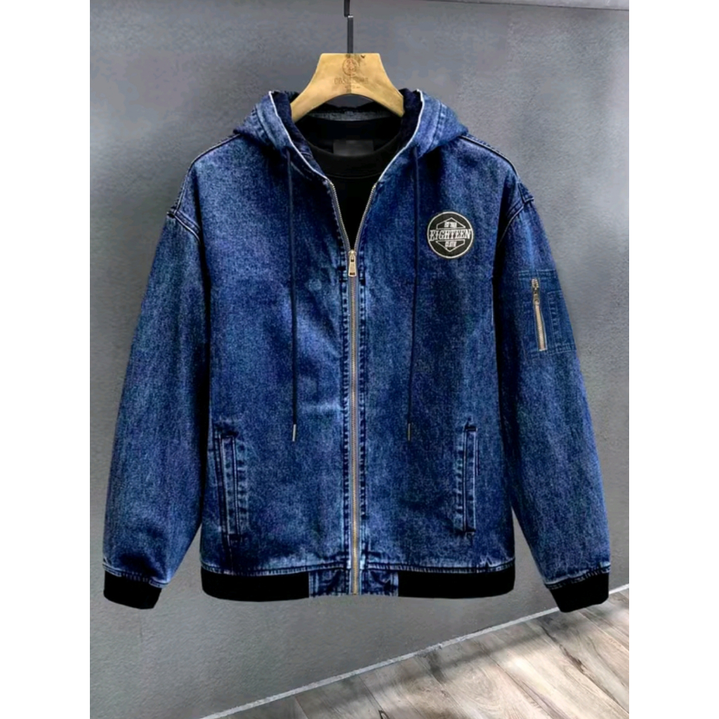 Jaket Bomber Jeans Kupluk | Jaket Jeans Bomber Topi |  Jaket Fashion Pria