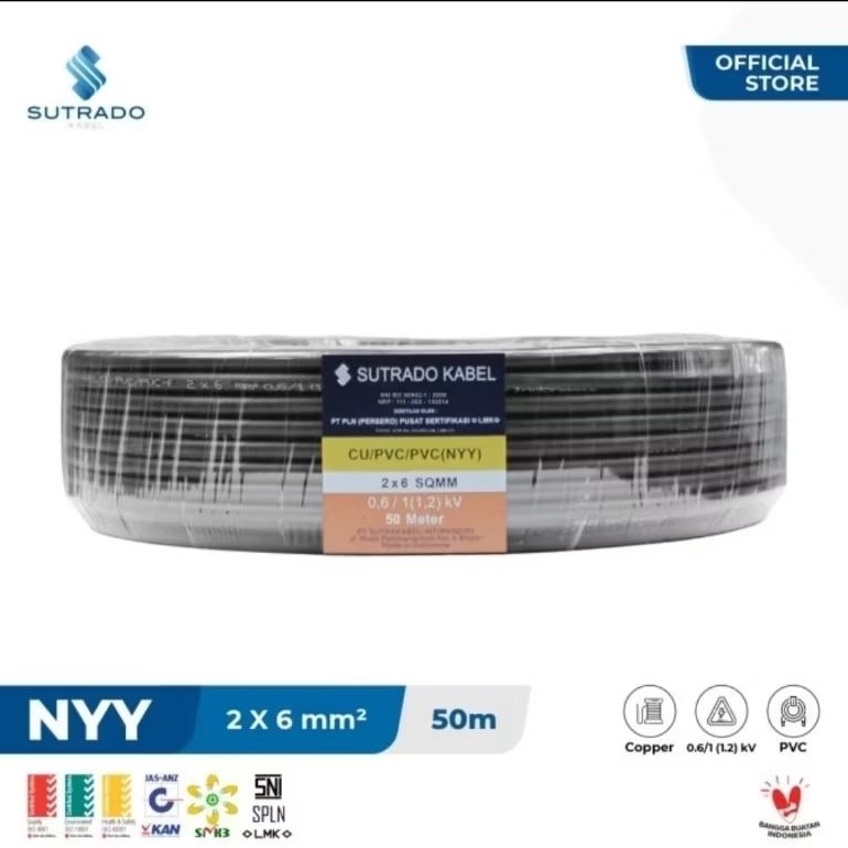 Kabel Listrik Serabut Tembaga NYYHY SUTRADO 2x6mm2 NYYHY 2x6mm 2 x 6 mm (Per 1 Meter)