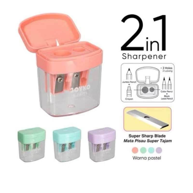 

RAUTAN JOYKO B-24 PTL PENCIL SHARPENER 2IN1 Model 2 Lubang Warna Pastel Super Sharp Blade