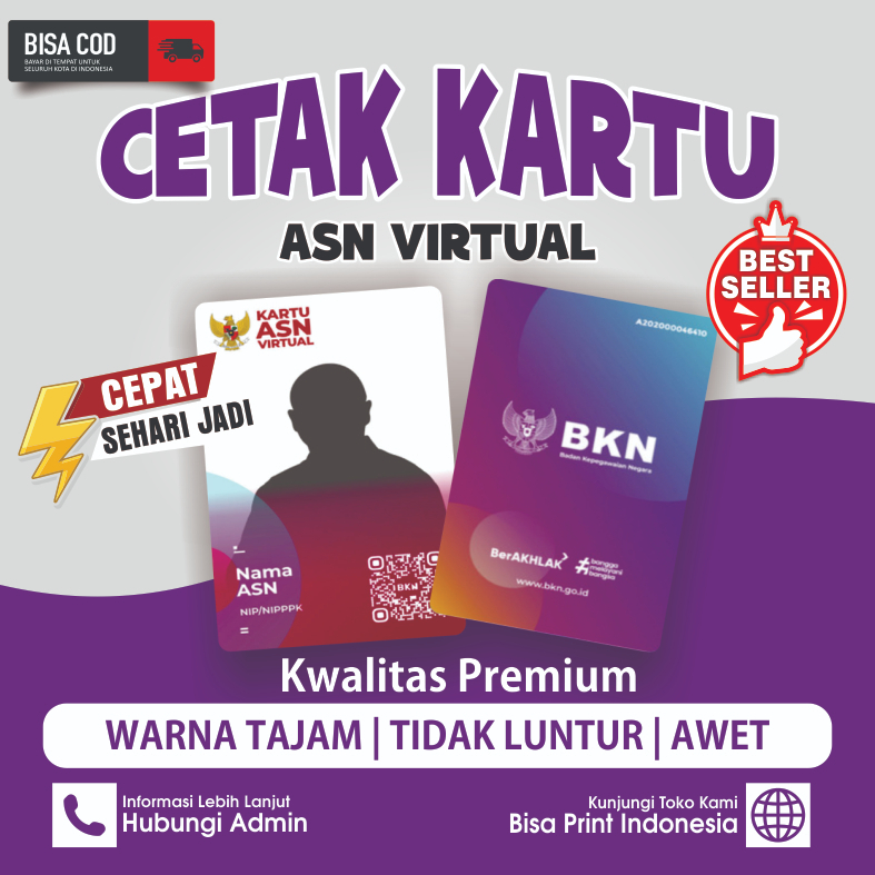 

Cetak ID Card Kartu Digital Fisik Kartu ASN Bisa Satuan Anti Luntur Bahan PVC Tebal 2 SISI