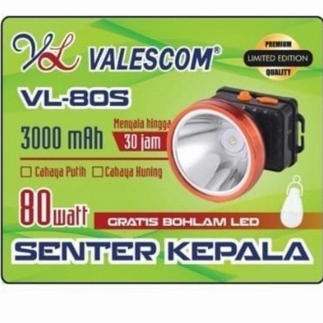 SINARCAHAYA2024 - Senter Kepala 80 Watt Plus Bohlam Valescom VL-80S - Putih / VL-50s 50 watt Putih /